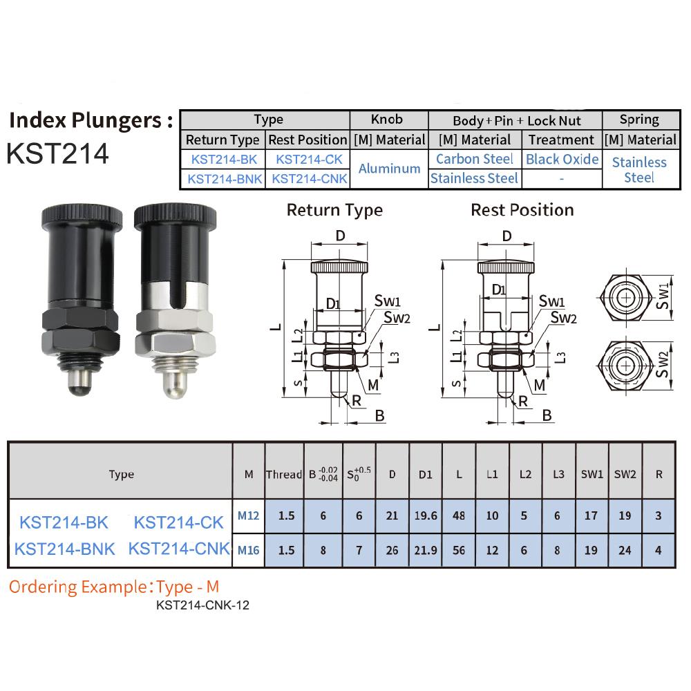 1 шт. Плунжер с шариковым наконечником и пружиной, KST214, пружина из нержавеющей стали, самоблокирующаяся ручка, возвратная ручка, пружинный плунжер, индексирующий плунжер