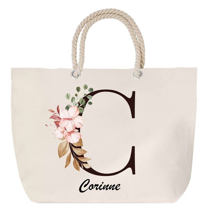 Sac de plage - PLANETEE - Corinne - Anse corde - Lettre Fleur - Grand format