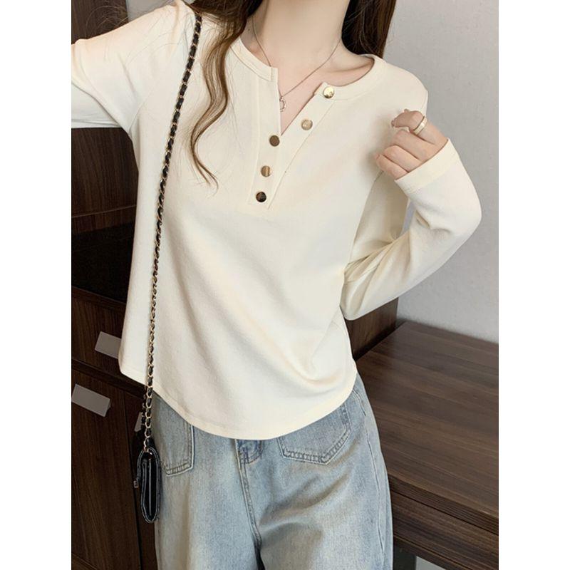 V Neck Chic Slightly Fat Sister Belly-Covering Long Sleeve T-Shirt
