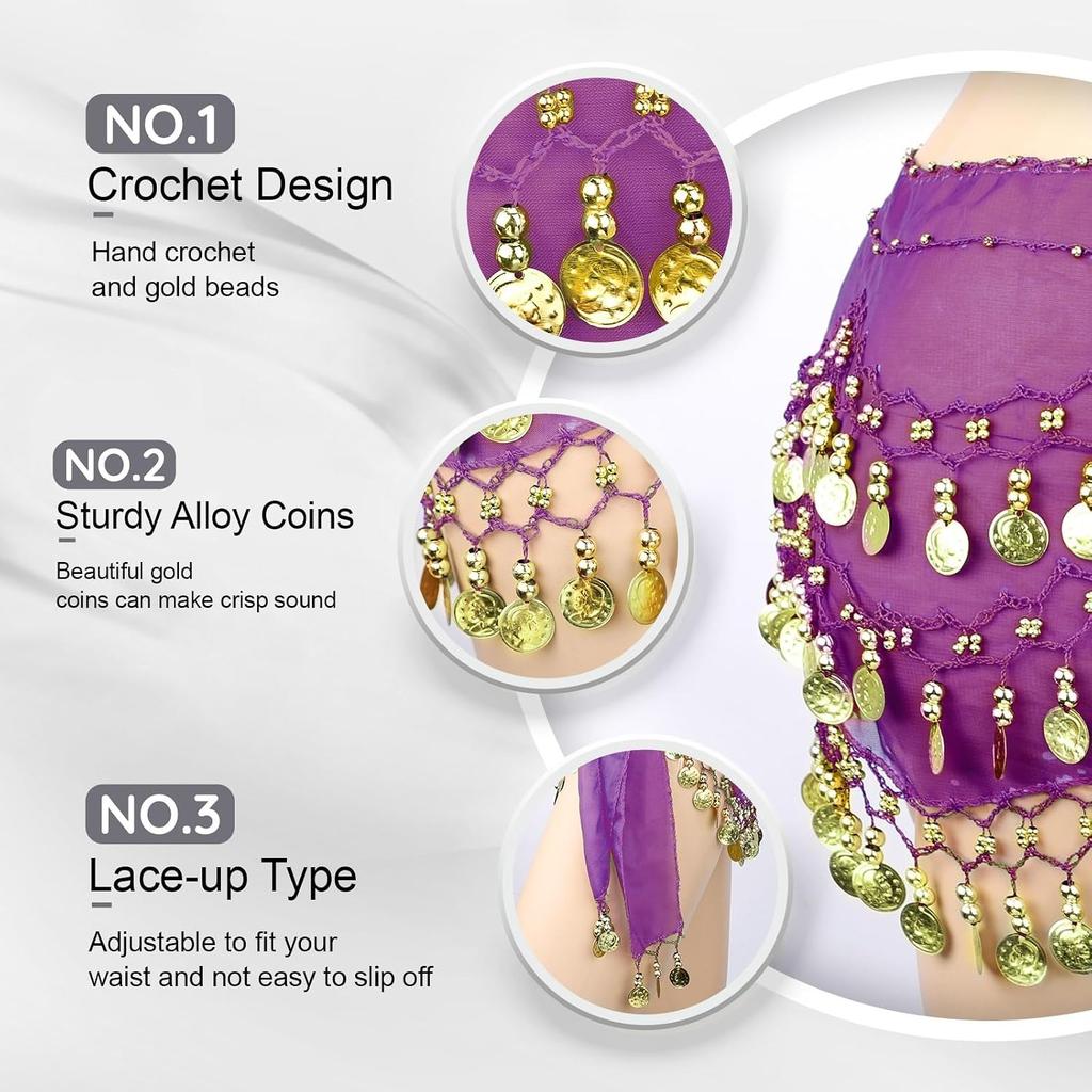 Belly Dance Hip Scarf, Women's Chiffon Belly Dancing Scarf with 128 Coins for Yoga Class