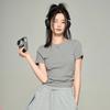 Drawn pleated design short sleeved T-shirt for summer sports, spicy girl slim fit round neck fashionable top