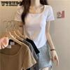 Cotton Solid Colour U Neck Positive Shoulder Women's T-shirt Short Sleeve Summer Irregular Short Section Slim and Thin Casual Tops