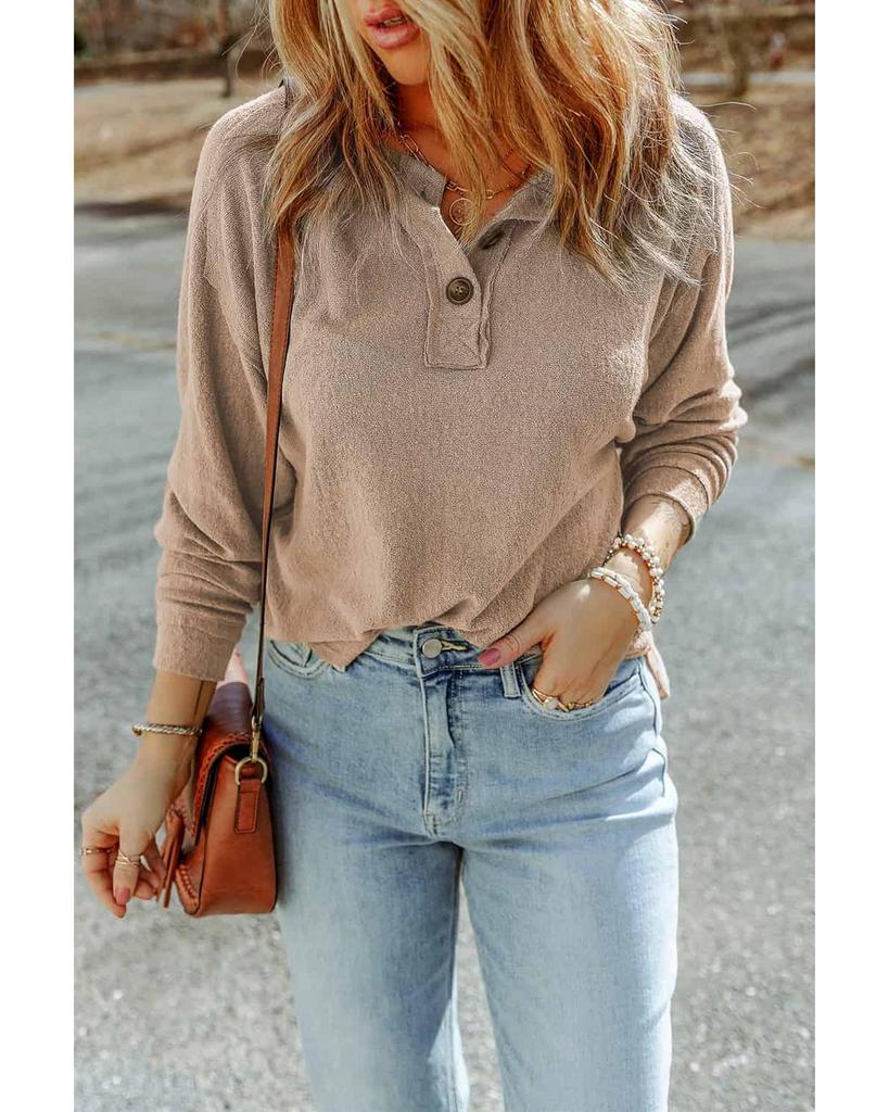 Azura Exchange Apricot Button Split Neck Retro Patchwork Long Sleeve Top