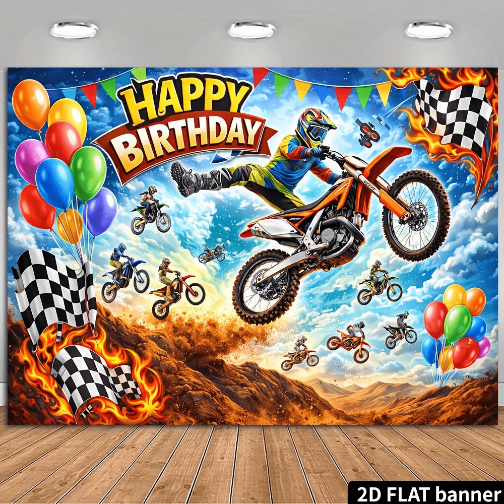 A 2D flat birthday party banner background featuring a theme of off-road motorcycles including off-road motorcycle riders