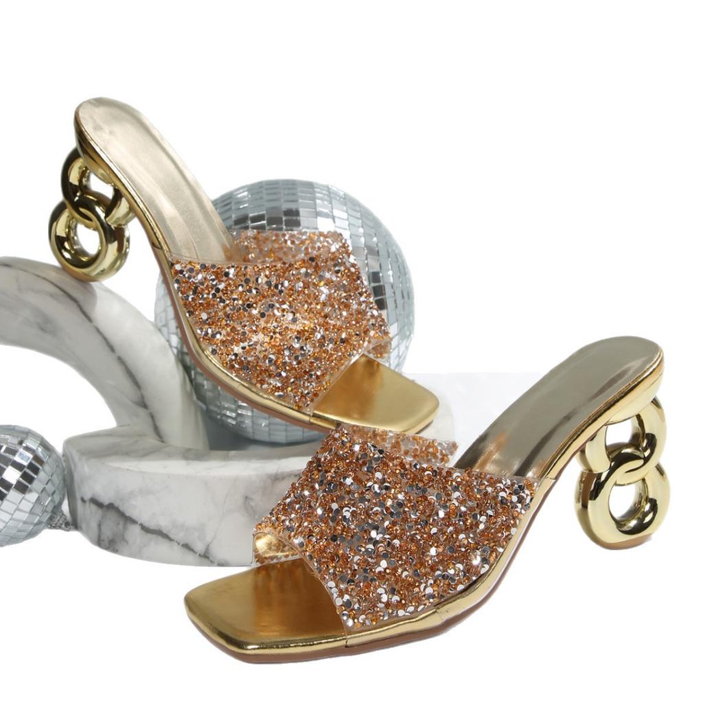 2025 летние новые тапочки женские прозрачные стразы квадратная голова слово кристалл высокий каблук мода повседневный толстый каблук слово