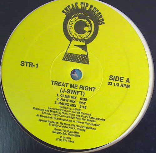 12-дюймовая пластинка J-SWIFT - Treat Me Right STR1 Sneak Tip Recor 1991 US Dance & Electronica Б/У