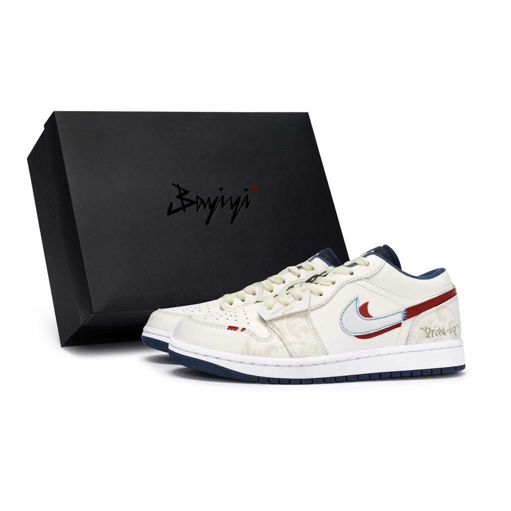 Jordan Air Jordan 1 Износостойкие Низкие Винтажные Баскетбольные Кроссовки Мужские Бежевый Белый Красный 553558-414(Team80-S-BOX)