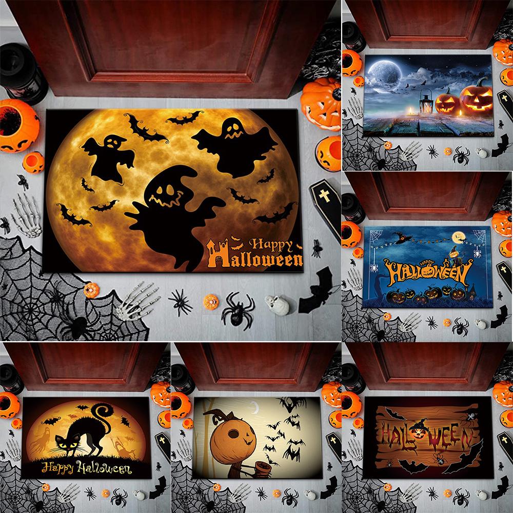 Halloween Themed Door Mat With Spooky Patterns Like Ghosts Bats Black Cats Pumpkins Non Slip Durable Entrance Rug Indoor