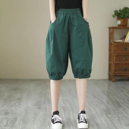 Women Shorts Mid-rise Elastic Waist Knee-Length Pants Solid Color Loose Fit Short Pants Streetwear