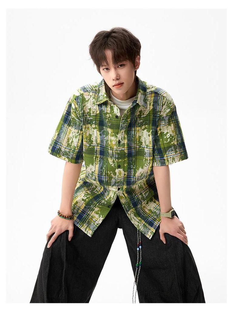 Мужская летняя рубашка с коротким рукавом в стиле тай-дай и color block - Свободный повседневный топ в гонконгском стиле