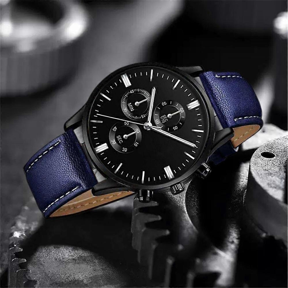 Mens Watch Ultra Thin Black & Silver Business Watch Leather Strap Quartz
