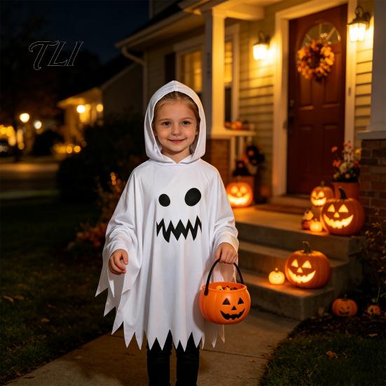 Black And White Ghost Cloak Halloween with Hood, Loose Fit Irregular Hem Costume Party Attire for Cosplay Party, Spooky Pullover Cape Kids Adults