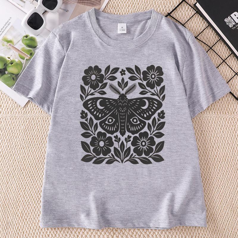 Boho Cottagecore T Shirts Moth Block Print Tshirt Unisex Short Sleeve Tshirt Casual Round Neck Tees Streetwear