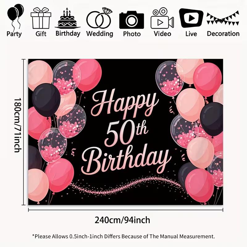 2D Black Pink Glitter 50th Birthday Backdrop with Confetti Balloons for 50th Birthday Party Photo Booth