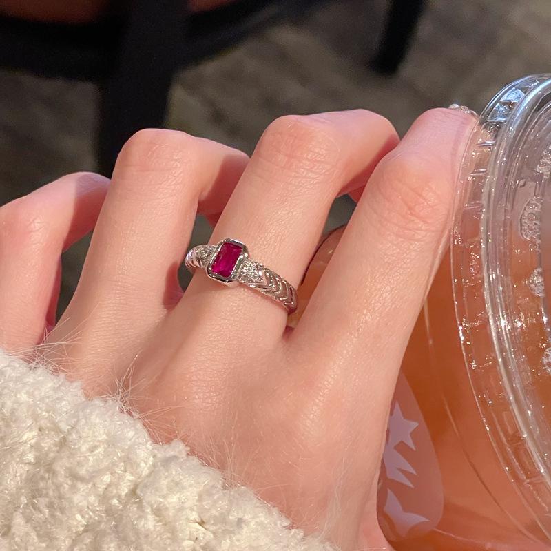 Medieval Brushed Imitation Pigeon Blood Red Ruby Open Ring, High-End Personality Diamond-Set Super Fairy Temperament Accessories