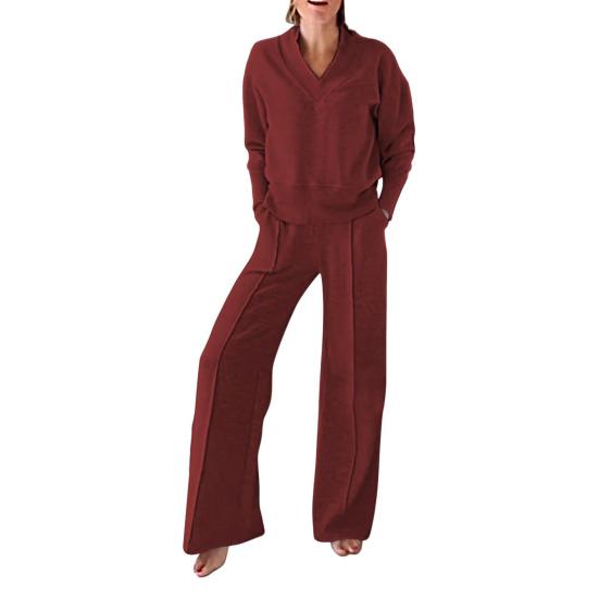 2 шт./комплект женский топ брюки комплект V-образный вырез длинные рукава свободная толстовка эластичный пояс широкие спортивные штаны спортивный наряд осенний повседневный спортивный костюм