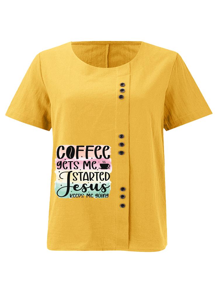 Women's Fashion Letter Pattern Print Round Neck Short Sleeve T-shirt Casual Cotton Linen Graphic Shirt Leisure Loose Summer Blouse Tops