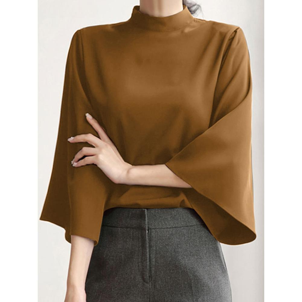 Модная женская блузка 2024 года, осенняя туника, топы, повседневные, воротник-стойка, расклешенные рукава 3/4, офисные элегантные рубашки, свободные блузы