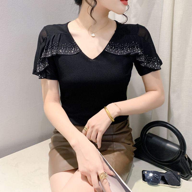 New Summer Streetwear Girl Chic Ruffled Hot Diamonds T-Shirt Fashion V-Neck Short Sleeve Mesh Tops Women's Tees Clothes Blouse