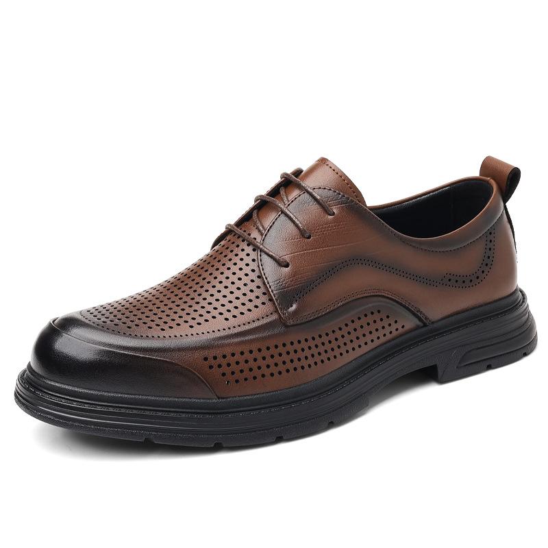 Мужская обувь лето мужская кожаная обувь формальная мужская обувь полая дышащая прохладная кожаная обувь тренд обувь с отверстиями 2025