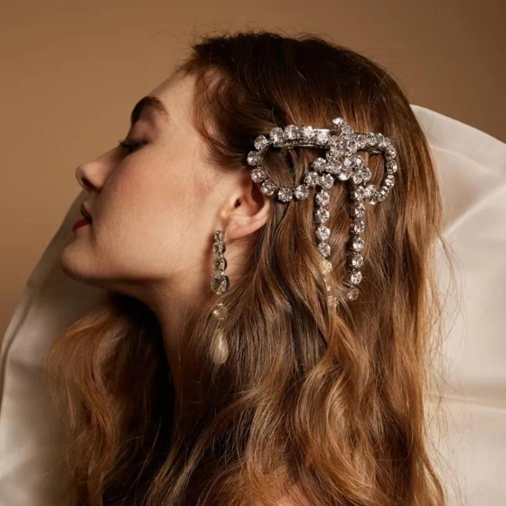 Elegant Rhinestone Bow Hairpins Shiny Tassel Spring Clip Sweet Ponytail Hair Clip Party