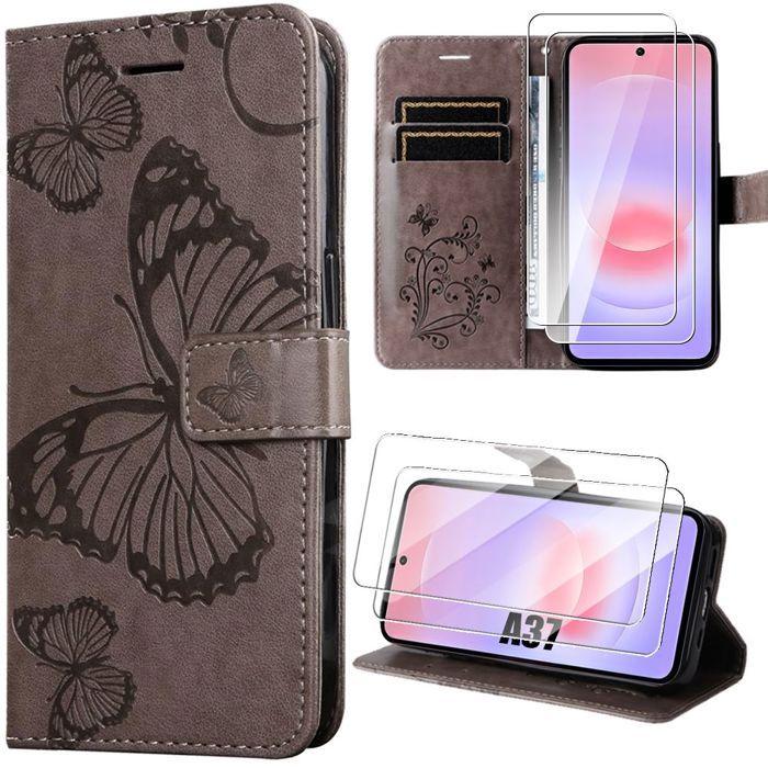Coque pour Samsung Galaxy A37 5G, Anti-Rayures Synthécuir Marron Motif Papillon - 2 Verres Trempés