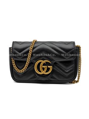Gg Marmont Золотой Ретро Логотип Double G с Брелоком V-образная Прошитая Кожа и Коровья Кожа Одноплечевая Сумка-Мессенджер Ультра-Мини Женская Черная