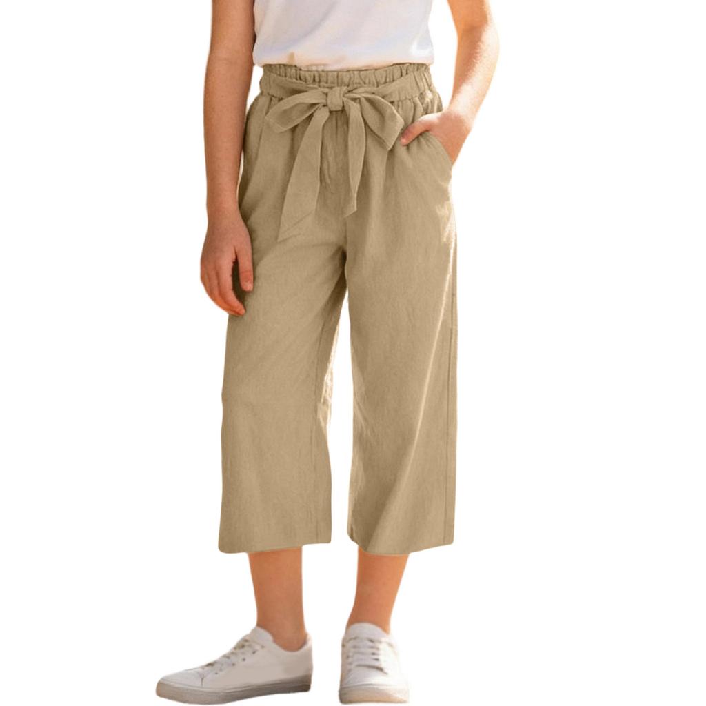 Girls' -Color Cotton-Linen Wide-Leg Loose-Fit Cropped Pants With Elastic Waistband