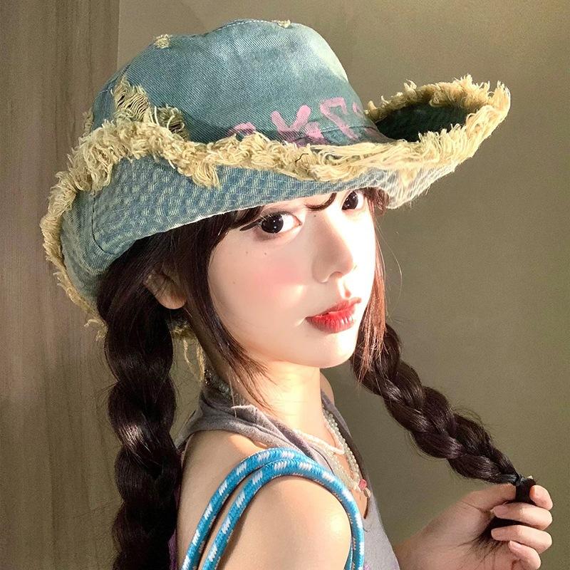 New alphabet burr denim climbing hat children spring and summer camping travel sunshade sunscreen big eaves bucket hat