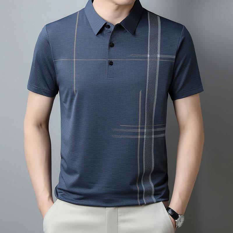 Рубашка поло Мужская футболка с короткими рукавами Топ с короткими рукавами Высококачественная модная повседневная рубашка с полосатыми лацканами и эластичным низом