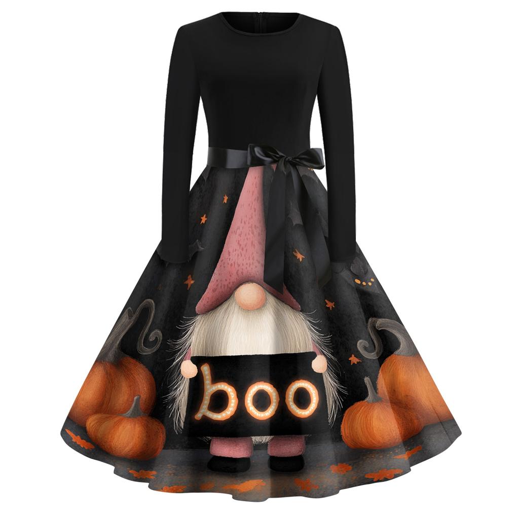 Women's Casual Vintage Halloween Print Dress Long Sleeve Round Neck A-Line Retro Style Midi Dress with Waist Tie for Seasonal Wear