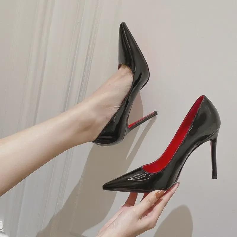 "2023 Black Patent Leather Red Bottom Stiletto Heels - Pointed Toe, High-End Sexy Pumps for Nightclub & Work"