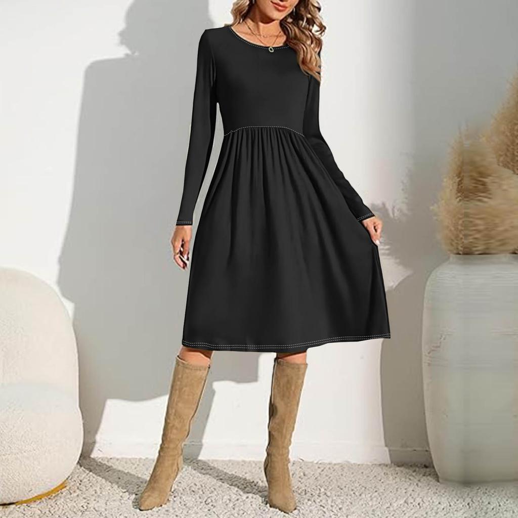 Женские однотонные повседневные платья с карманами на весну с круглым вырезом и длинными рукавами