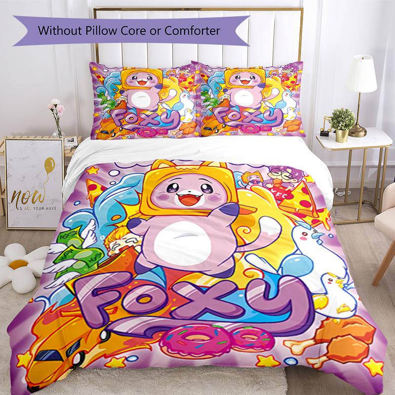 3pcs Lankybox Foxy and Rocky pattern bedding set duvet cover set includes duvet cover &pillowcases, perfect all season bedroom decoration & gift