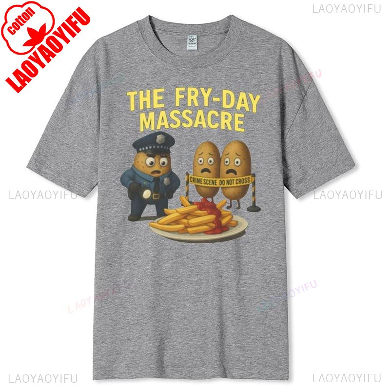 Funny FryDay Massacre Softstyle TShirt Potato Graphic Tee Dark Food Humor Shirt for French Fry Lovers Pun Fans Unisex Wear