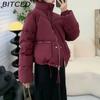 BITCED Short Stand-Up Collar Cotton Jacket for Women - Minimalist Oversized Fit Zipper Puffer Coat Solid Color