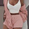 Winter Women Plush Sexy V-Neck Vest Shorts Long Sleeve Jacket Coat Set