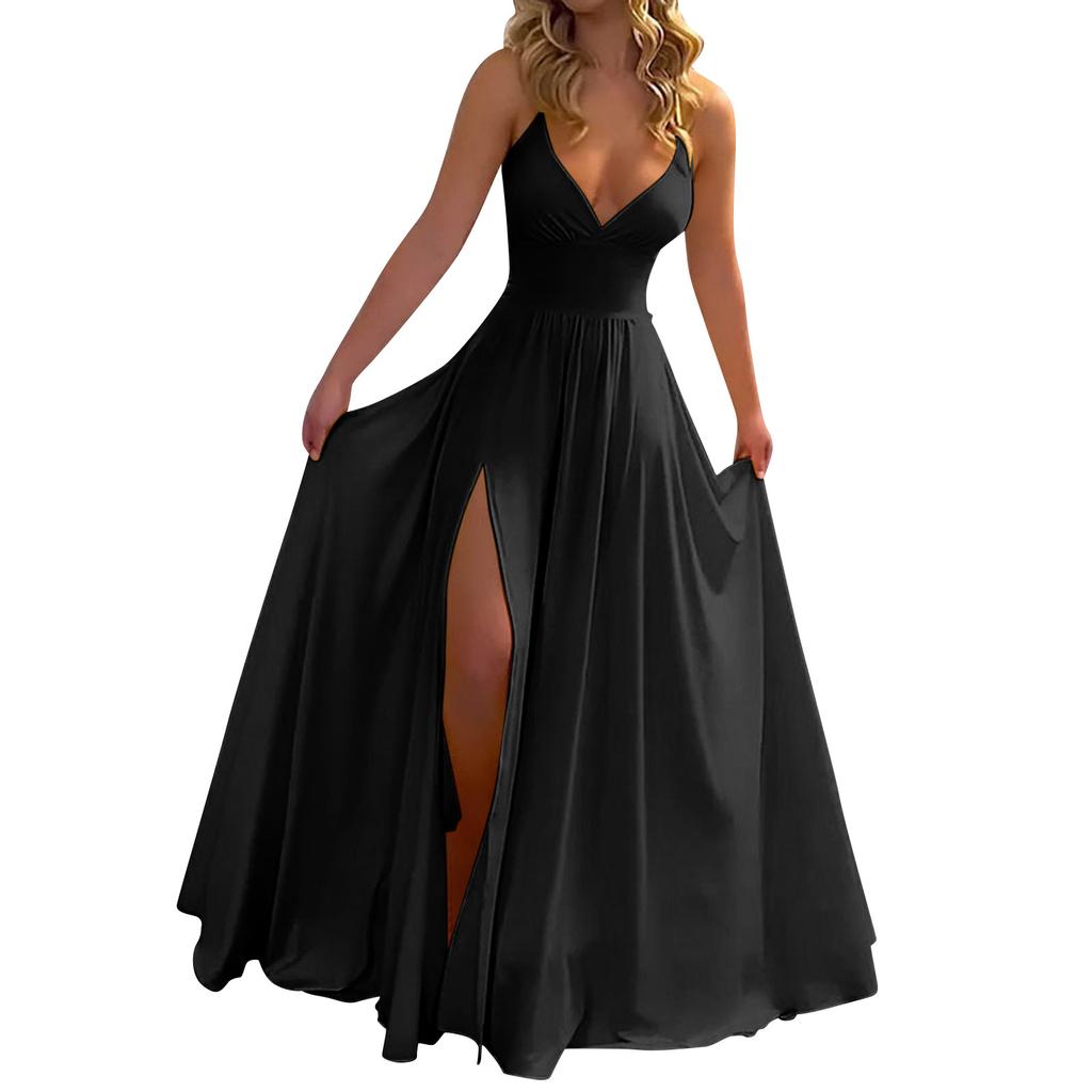 Женское однотонное платье на бретелях с V-образным вырезом, открытой спиной и разрезом