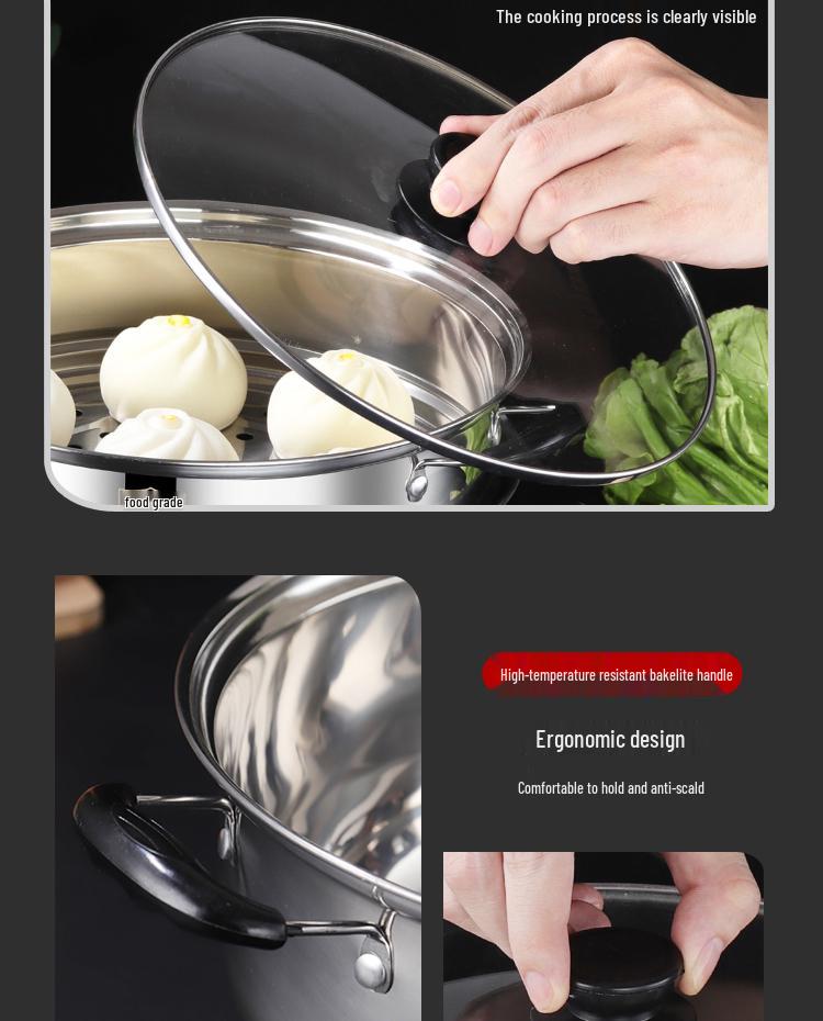 Утолщенная кастрюля для супа и молока из нержавеющей стали 304 с пароваркой для индукционных и газовых плит