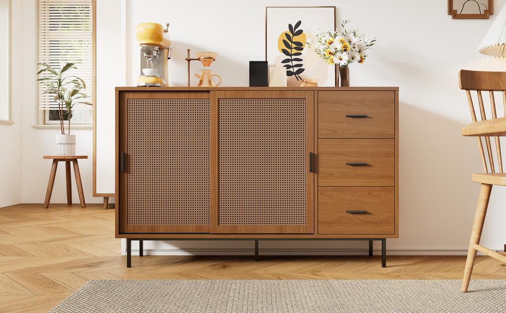 Sideboard with 2 sliding doors, 3 drawers, adjustable shelves, country house style, for living and dining room. Width 140/H91/D37 cm
