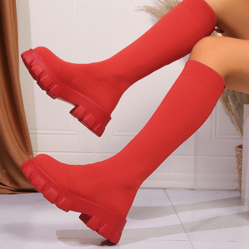 Spring Autumn Boots Women's Fashion Platform Wide Heels Knee-high Boots Knitted Fabrics Stretch Slip-on Socks Boots Casual Shoes