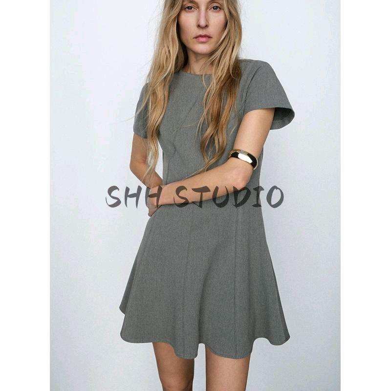 Spring New Women Clothes Stitching Decorative Round Neck Short Sleeve A- Line Hem Mini Dress 2121023