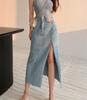 Long Denim Skirt Vintage Women Solid High Waist  A-LINE Slim Korean Style Jean Slit Midi Skirt Summer