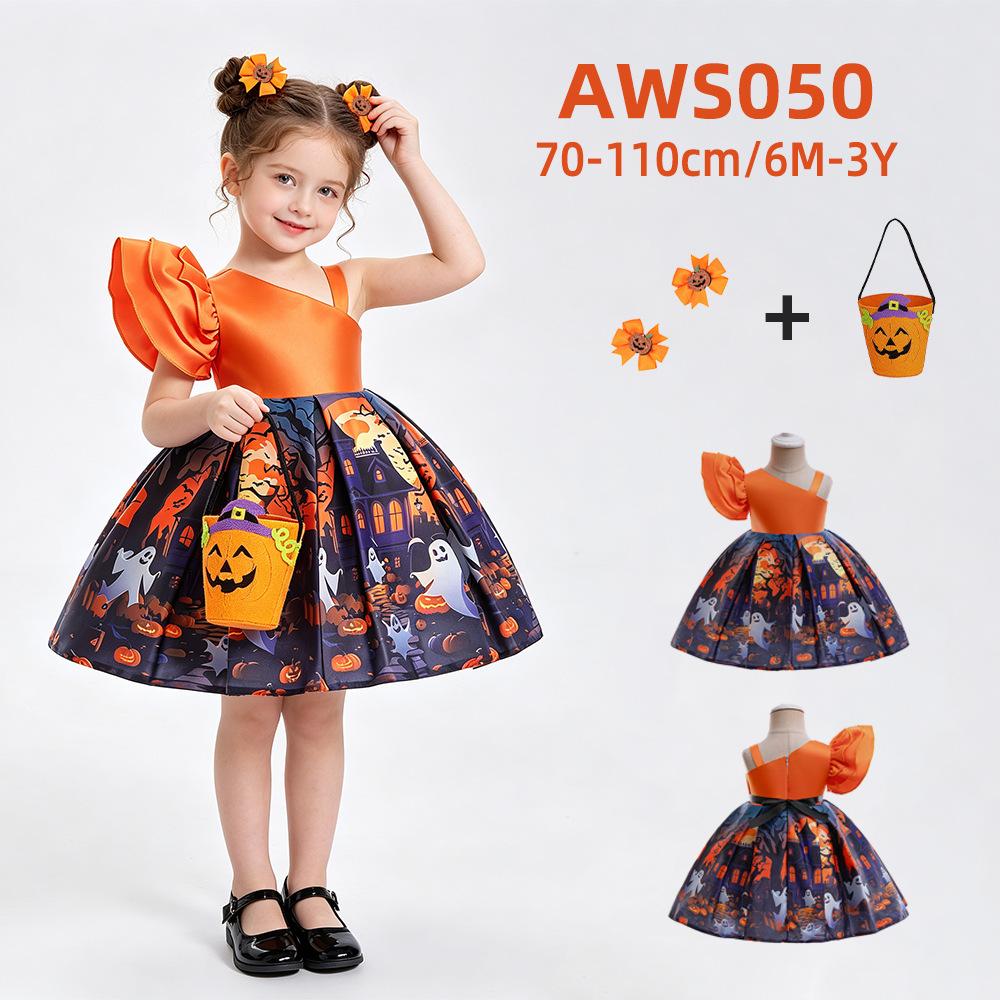 Kids Satin Printed Princess Dress Collection, Halloween Girls Role Play Formal Gown