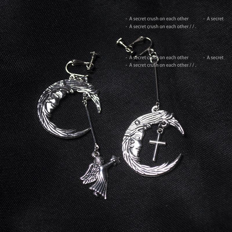 Gothic Punk Retro Moon Angel Cross Clip-On Earrings
