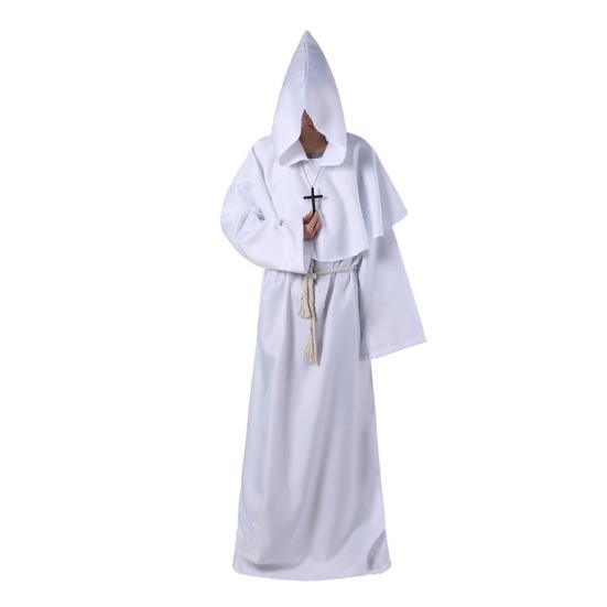 4Pcs/Set Halloween Cloak Costume Medieval Monk Robe Wizard Cosplay Dance Fabric Cape with Strong Drape Big Hat Necklace Waist Rope