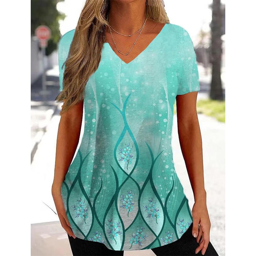 Простая женская одежда с коротким рукавом и 3D-цветочным принтом, красивая футболка с коротким рукавом и V-образным вырезом, модная женская уличная одежда