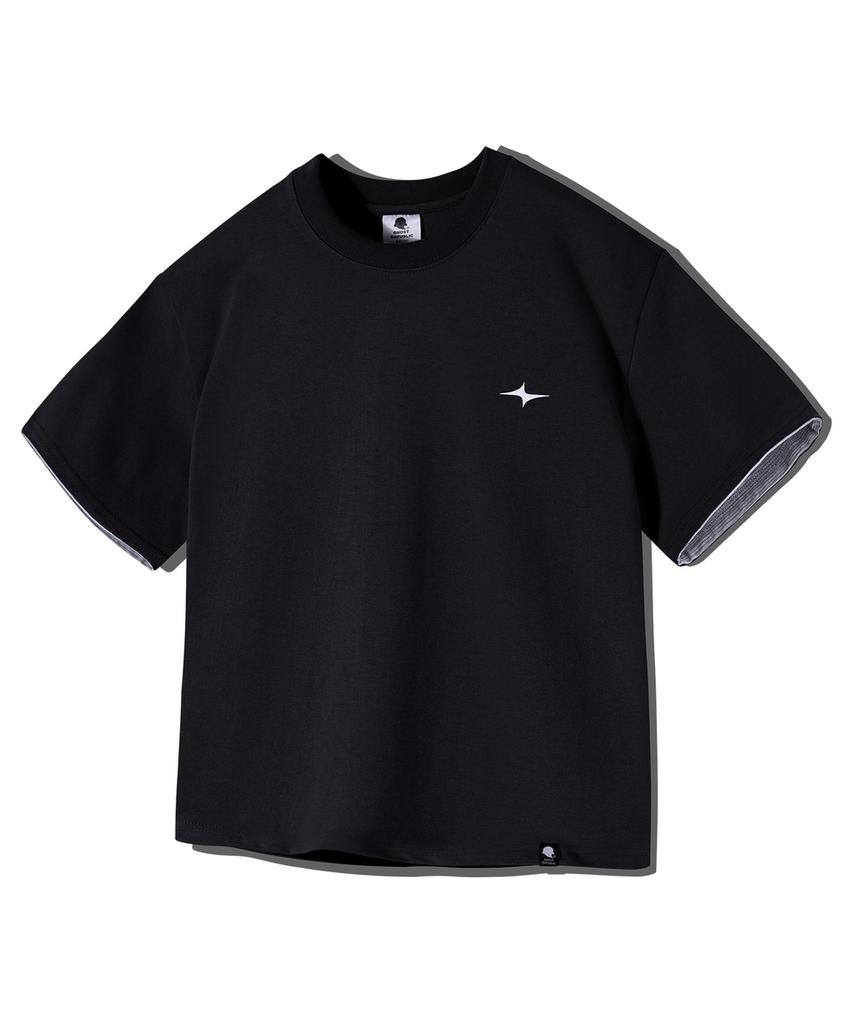 GHOST REPUBLIC Crop Stripe Color Block Roll-Up Short Sleeve T-Shirt Gt-392_Black