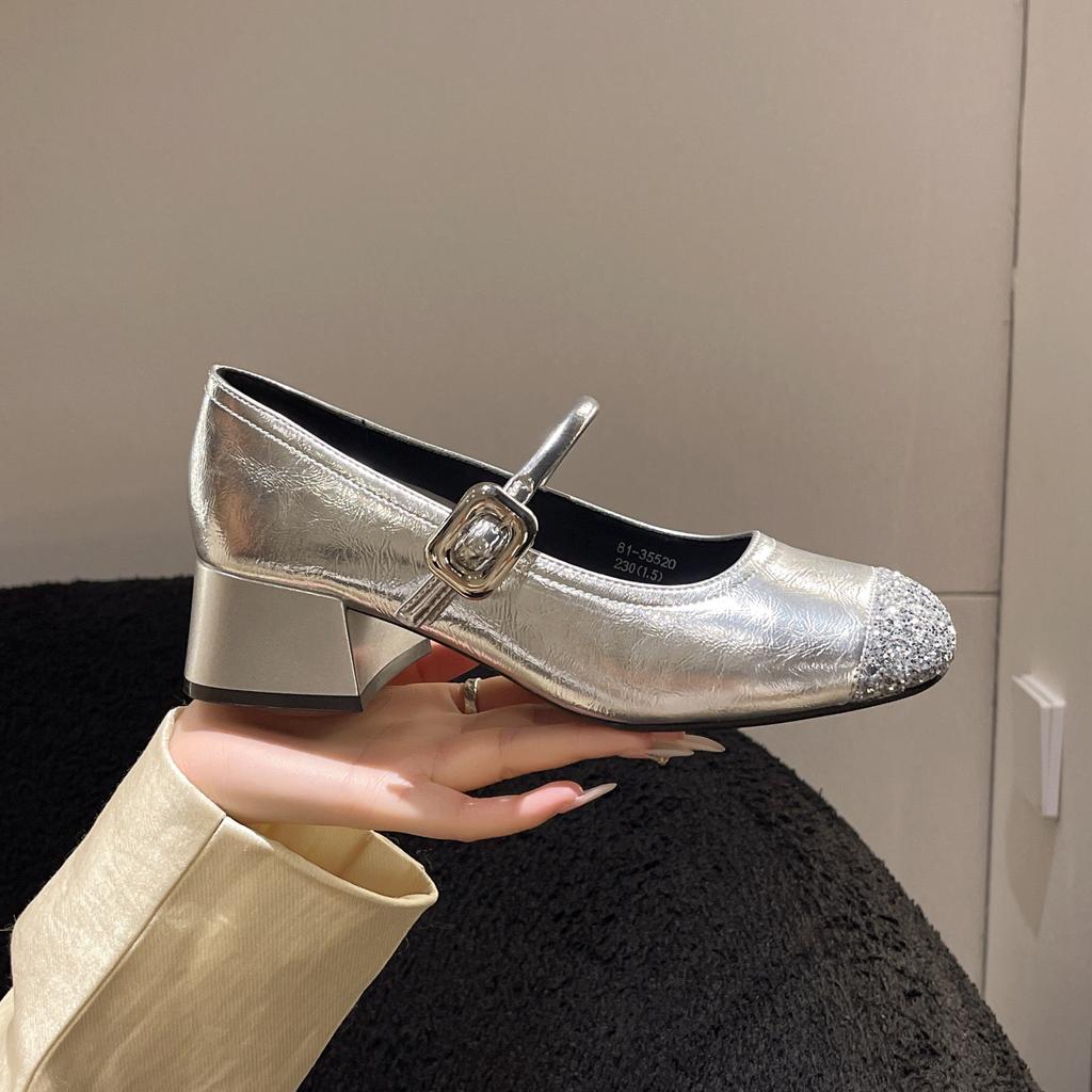 Silver Bag Head Single Shoes Women's Summer 2025 New Fashion Banquet Shoes Mary Jane Shoes Thick Heel Versatile High Heels