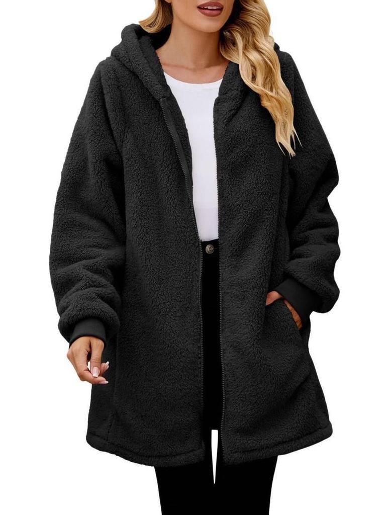 2023 Winter Women's Loose Plush Long-Sleeved Hooded Zipper Cardigan Jacket